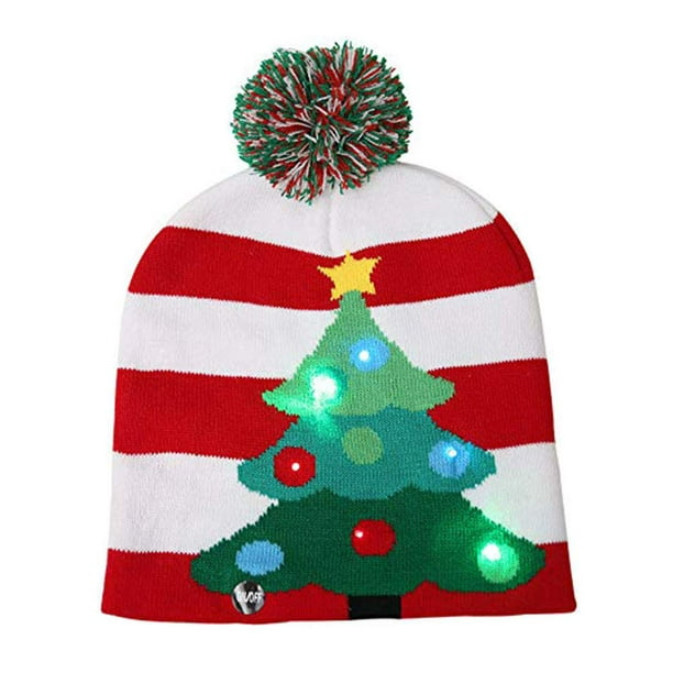 LED Christmas Beanie Knit Hat Light Up Tree Xmas Snowman Knitted Cap Adult Kids